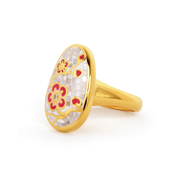 Plum Blossom Mosaic Mother of Pearl Ring - Gold