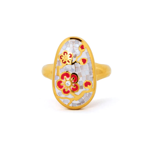 Plum Blossom Mosaic Mother of Pearl Ring - Gold