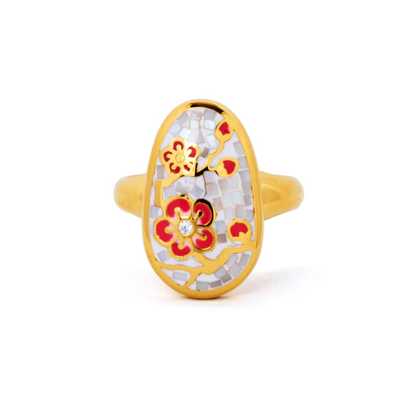 Plum Blossom Mosaic Mother of Pearl Ring - Gold