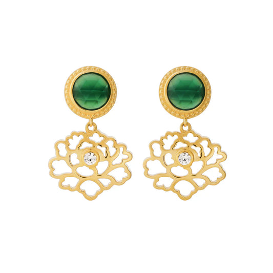 Majestic Tang Peony Earrings - Gold Vermeil with Green Agate