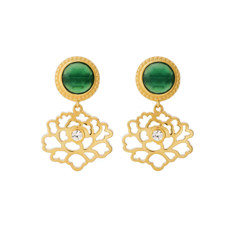 Majestic Tang Peony Earrings - Gold Vermeil with Green Agate