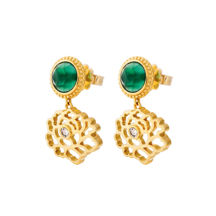 Majestic Tang Peony Earrings - Gold Vermeil with Green Agate