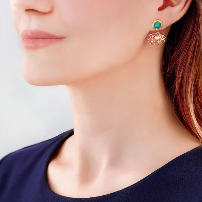Majestic Tang Peony Earrings - Gold Vermeil with Green Agate